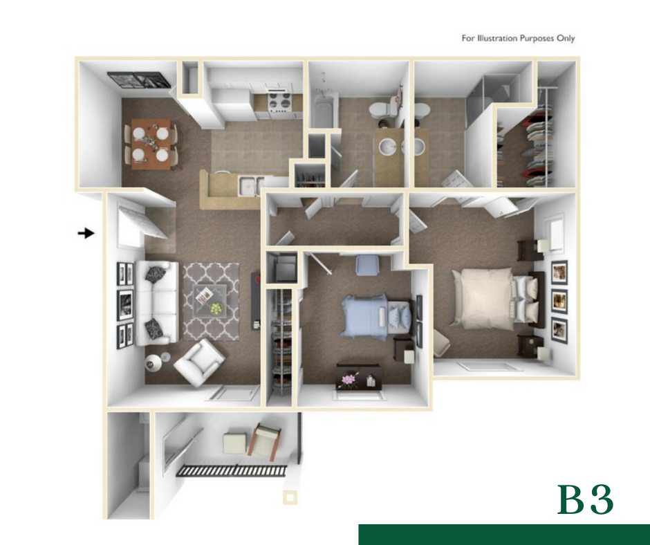 Floor plan for 2 beds, 2 baths, 981 sqft